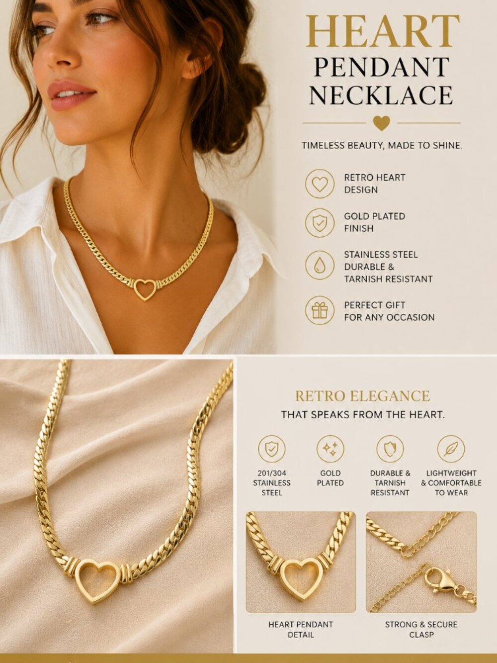 Gold Heart Pendant Necklace | Stainless Steel Retro Chain | Elegant Minimalist